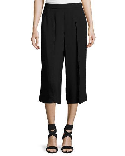 Pleat-front Solid Culotte Pants, Black