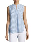 Mandarin-collar V-neck Striped Tank, White/blue