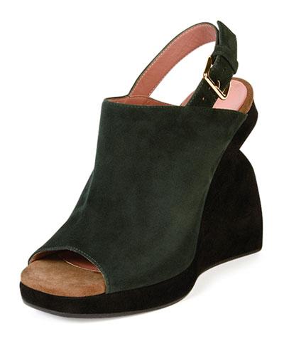 Suede Curved-wedge Slingback Sandal, Dark