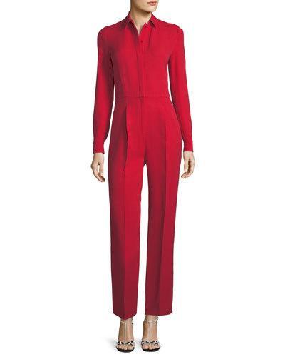 Collared Button-front Long-sleeve Jumpsuit