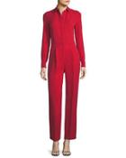 Collared Button-front Long-sleeve Jumpsuit