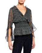 Ruffle-trim Chiffon Top With Smocking, Geometric Print
