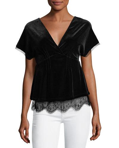 V-neck Lace-trim Velvet Top