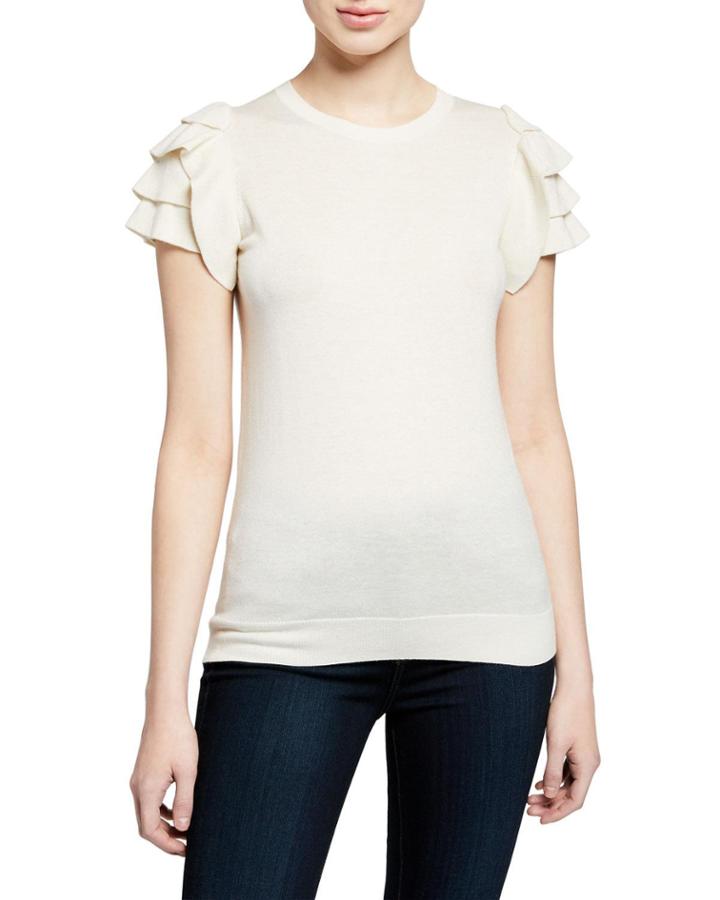 Cashmere-blend Crewneck Short-sleeve Ruffle-shoulder Top