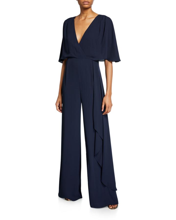 V-neck Flowy-sleeve Georgette Jumpsuit W/ Asymmetric Drape