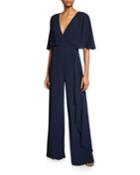 V-neck Flowy-sleeve Georgette Jumpsuit W/ Asymmetric Drape