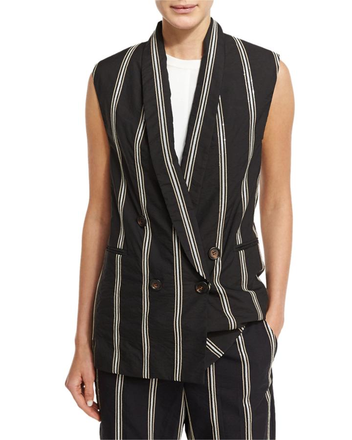 Paillette-stripe Double-breasted Vest, Black
