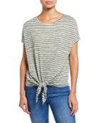 Striped Scoop-neck Short-sleeve Tie-front Top