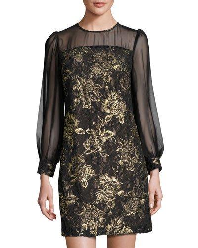 Long-sleeve Lace-overlay Dress, Black/gold