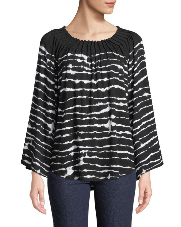 Pleated Bateau-neck Striped Bell-sleeve Top