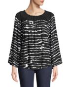 Pleated Bateau-neck Striped Bell-sleeve Top