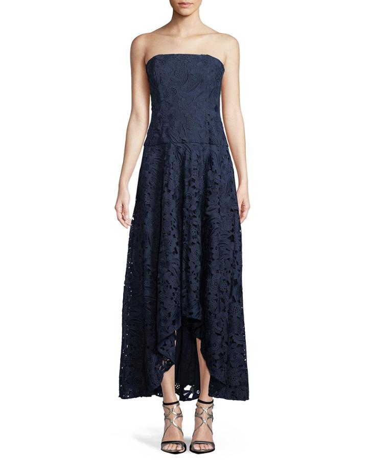 Bates Strapless Floral High-low Gown, Navy