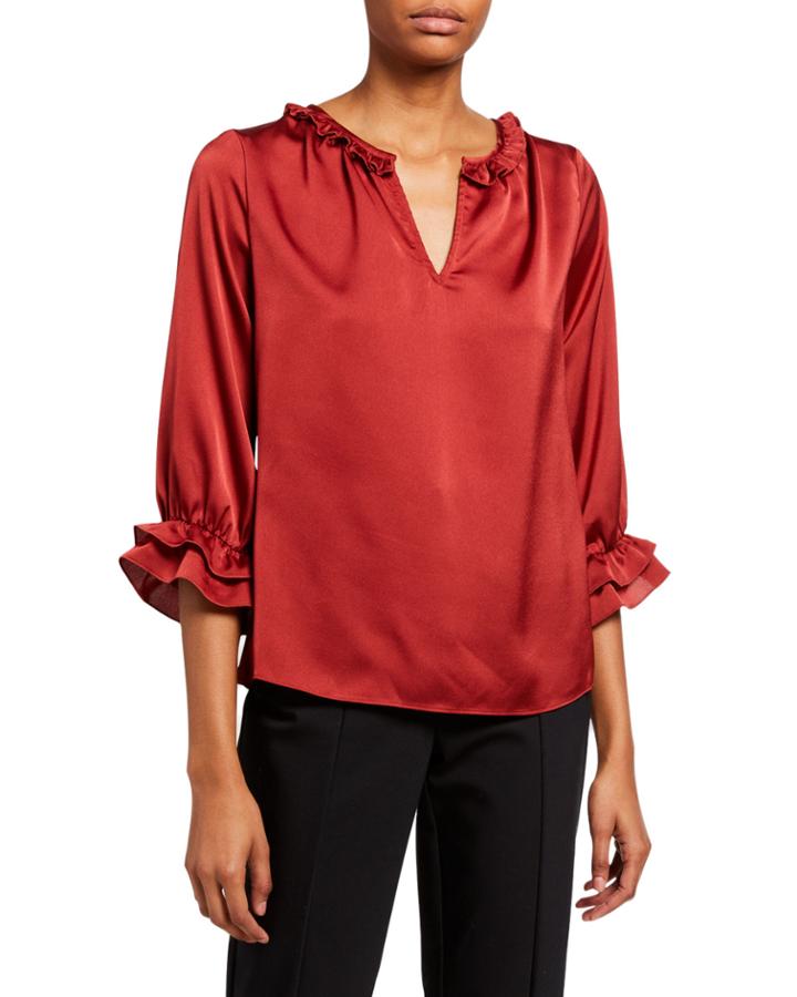 V-neck 3/4-sleeve Ruffle-trim