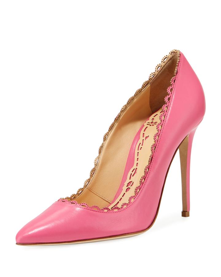 Valeria Scalloped Leather Pumps, Fuchsia