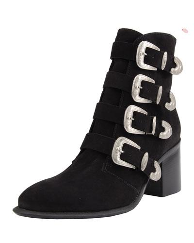 Bobbie Buckle Leather Bootie, Black