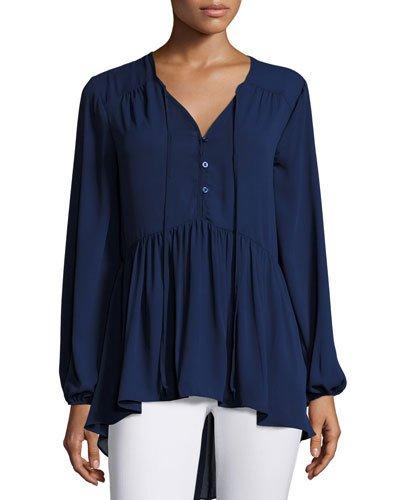 Button-front Ruffle Top, Navy