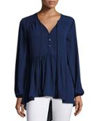 Button-front Ruffle Top, Navy