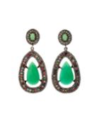 Black Silver Marquise-drop Earrings With Chrysoprase, Tourmaline & Diamonds