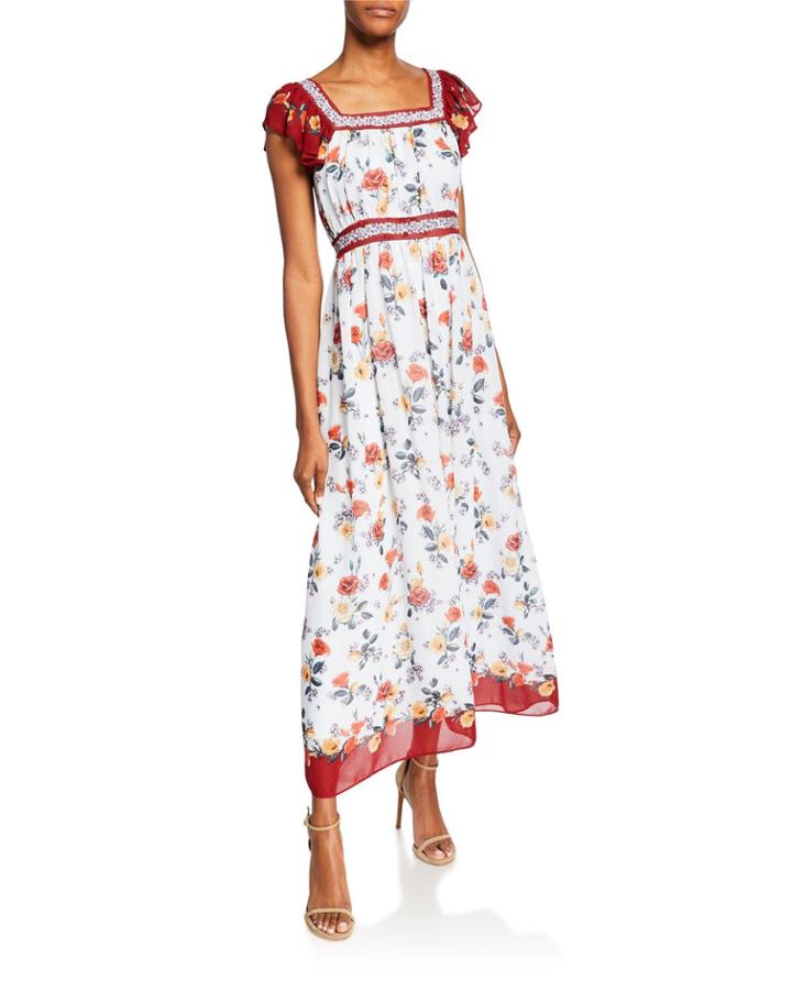 Floral-print Flutter-sleeve Georgette Maxi Dress W/ Contrast Trim