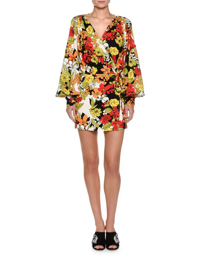 Floral-print Cady Crepe Robe Wrap Dress