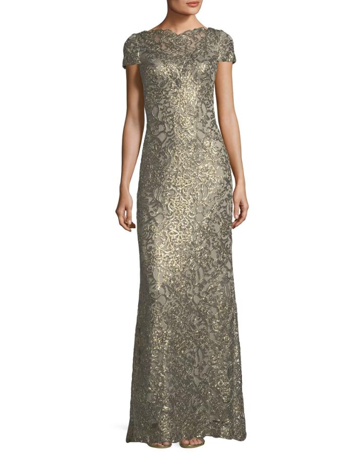 Short-sleeve Metallic V-back Evening Gown