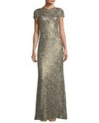 Short-sleeve Metallic V-back Evening Gown