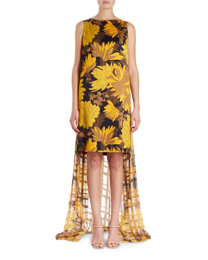 Domy Sleeveless Short Floral Dress W/ Lurex Chiffon Back Drape