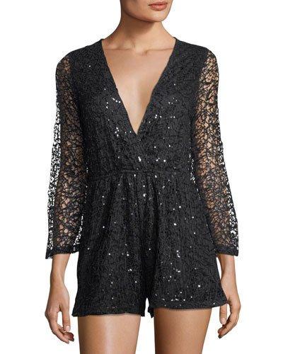 Sequined V-neck Lace Romper, Black