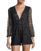 Sequined V-neck Lace Romper, Black