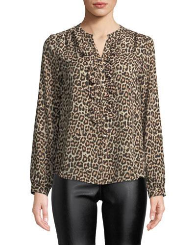 Ruffled Animal-print Button-up Blouse