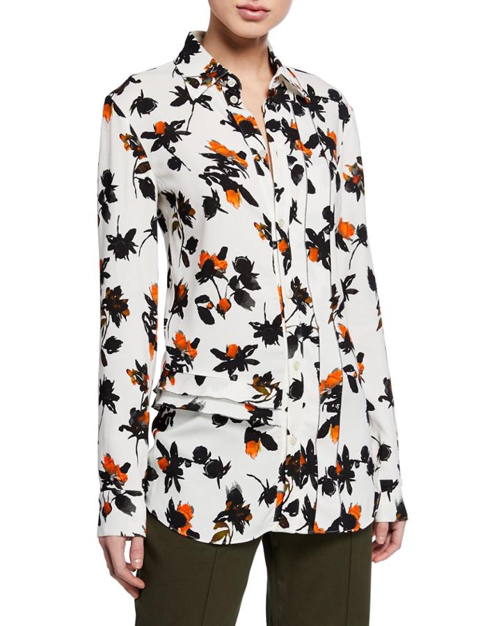 Floating Floral Long-sleeve Ruffled Blouse