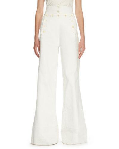 Sailor-button High-waist Jeans, White