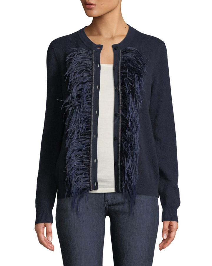 Feather-trim Cashmere Cardigan
