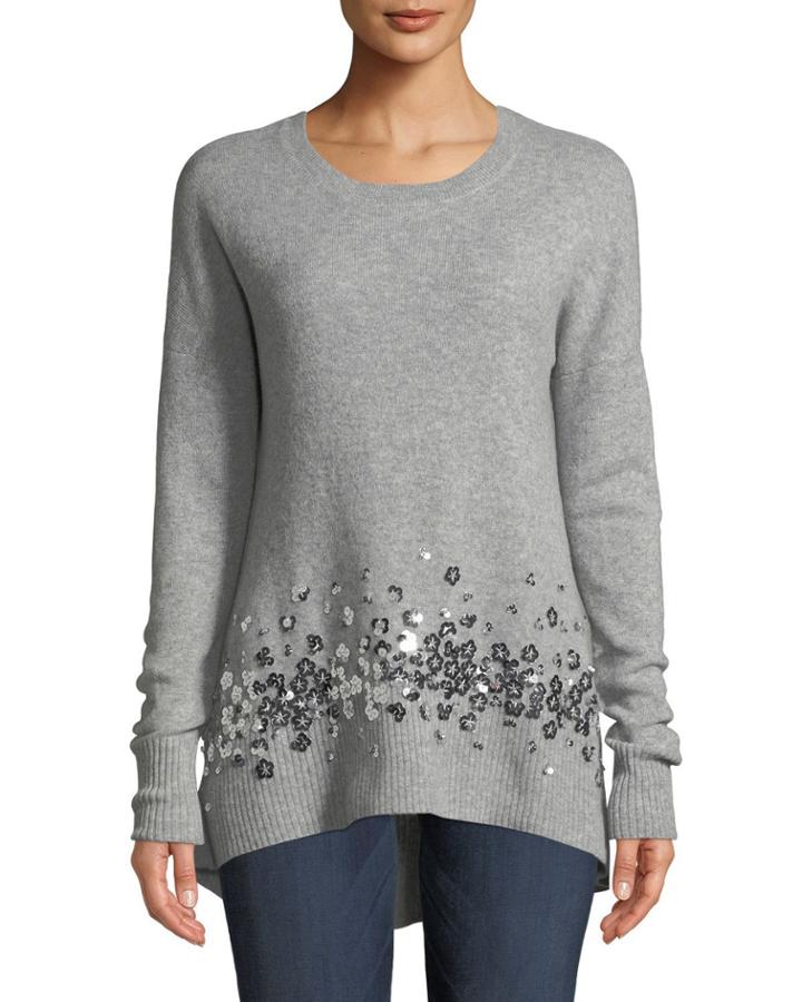 Cashmere Sequined-hem Tunic, Grey