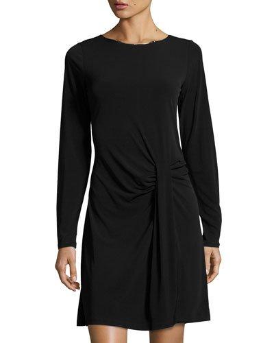 Long-sleeve Drape-front Dress, Black