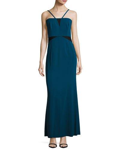 Contrast-mesh Crepe Gown, Turquoise