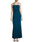 Contrast-mesh Crepe Gown, Turquoise
