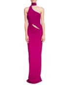 Asymmetric Crepe Gown With Wrap Collar, Raspberry