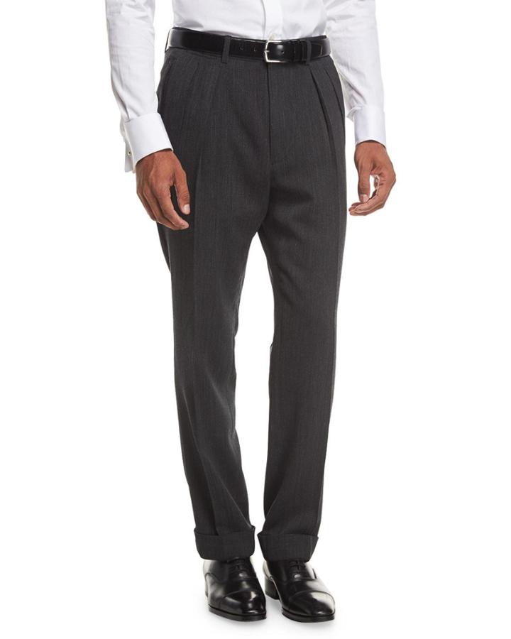 Shelton Base Melange Twill Pleated Trousers, Black/grey