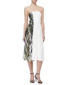 Strapless Contrast-side Pleated Dress, Ivory/black/green