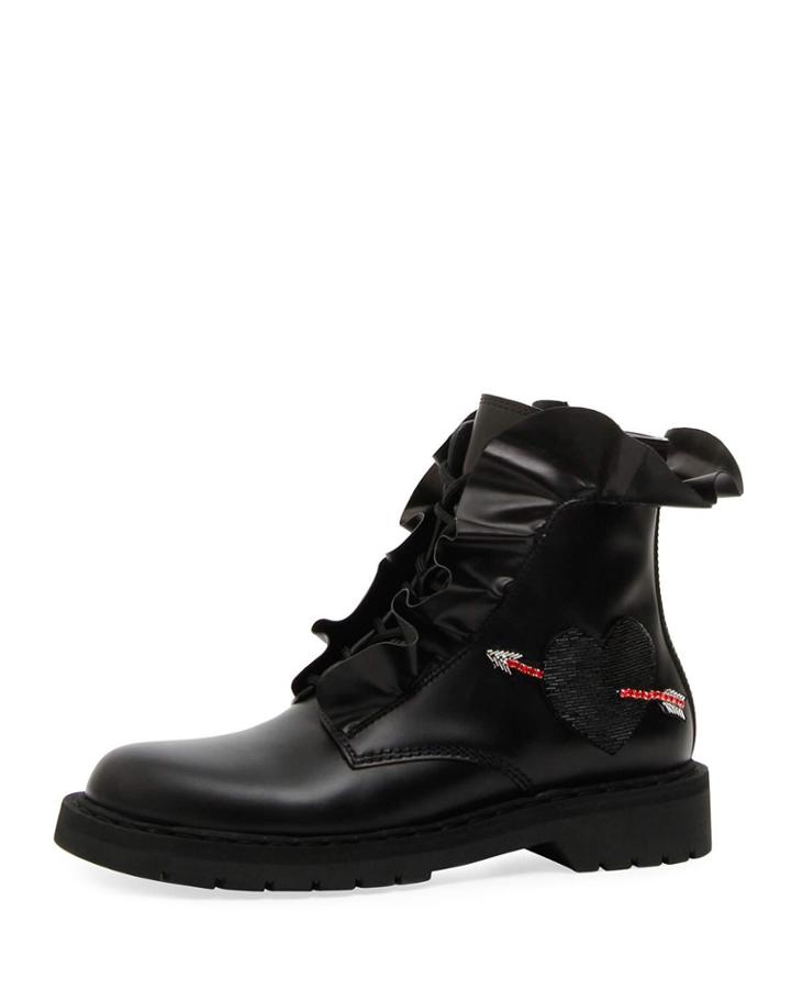 Love Calf Leather Combat Boot With Ruffles & Heart