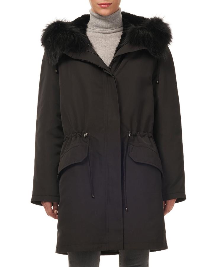 Hooded Rex Rabbit Lined Stroller Coat With Fox Fur Trim