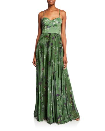 Rachel Green Viola-print Bustier Gown W/ Pleated