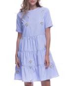 Tiered Short-sleeve Dress With Floral Embroidery