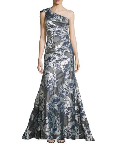 One-shoulder Floral Jacquard Gown, Navy/silver