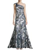One-shoulder Floral Jacquard Gown, Navy/silver
