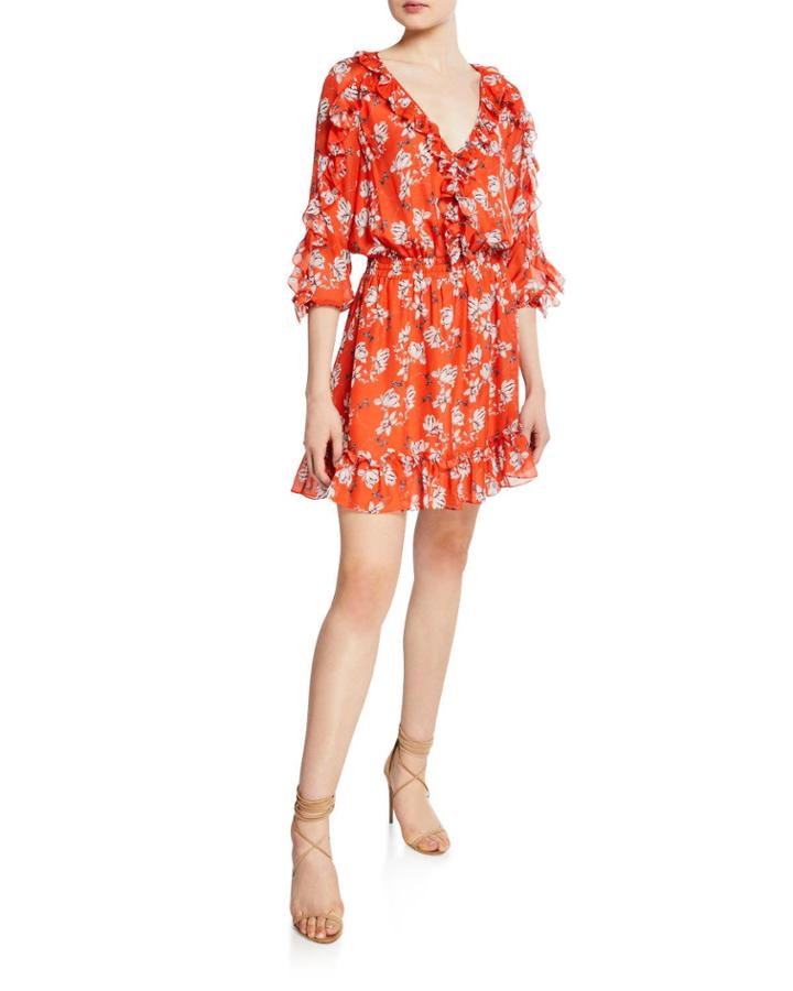 Praiano Floral-print V-neck 3/4-sleeve Silk Dress W/ Ruffle Trim
