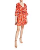 Praiano Floral-print V-neck 3/4-sleeve Silk Dress W/ Ruffle Trim