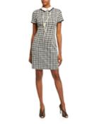 Collared Houndstooth Sheath Dress With Necklace