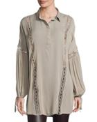Long-sleeve Button-placket Tunic W/ Cutouts, Olive